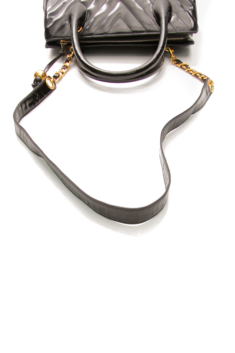 Chanel - Black Patent Chevron Top Handle Bag