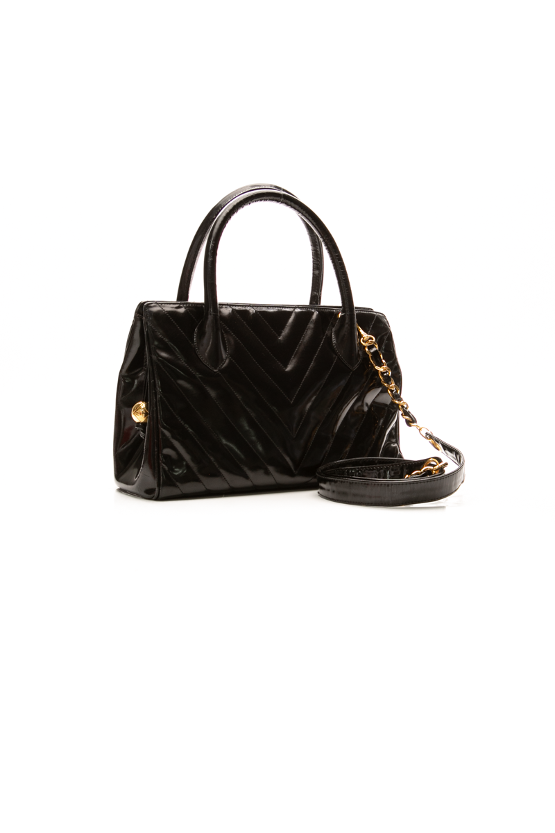 Chanel - Black Patent Chevron Top Handle Bag