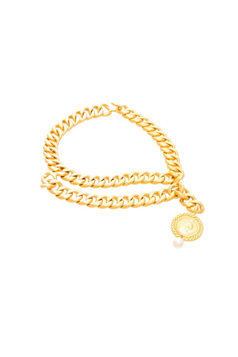Chanel - Gold Pearl Chain CC Choker Necklace