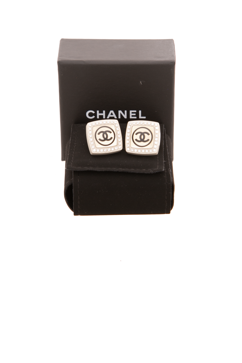 Chanel - White Resin Pearl Crystal Square Earrings
