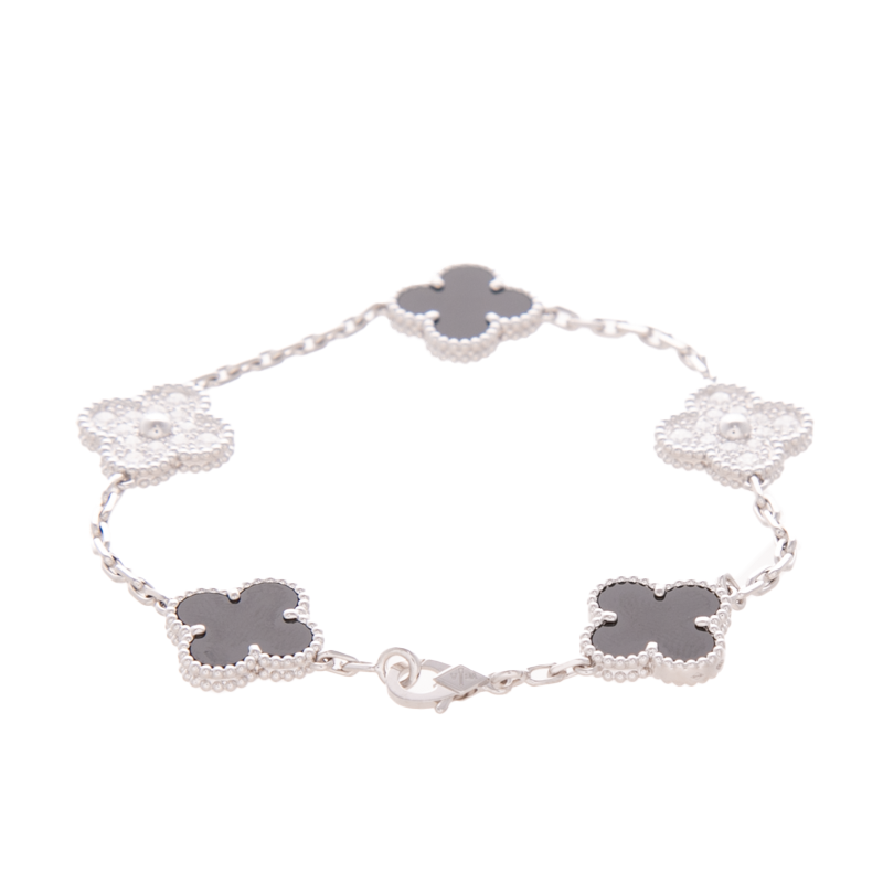 Van Cleef & Arpels - White Gold Diamond Onyx 5 Motif Vintage Alhambra Bracelets