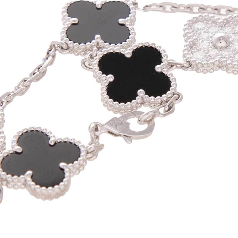 Van Cleef & Arpels - White Gold Diamond Onyx 5 Motif Vintage Alhambra Bracelets
