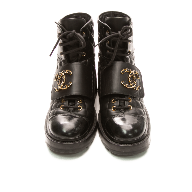 Quilted Chain Lace Up Boots - Size 39
