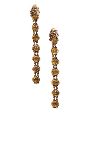Gucci Crystal Lion Head Clip-On Drop Earrings Aged Gold