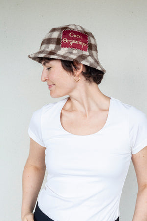 "Orgasmique" Patch Bucket Hat - White/Brown Size Medium