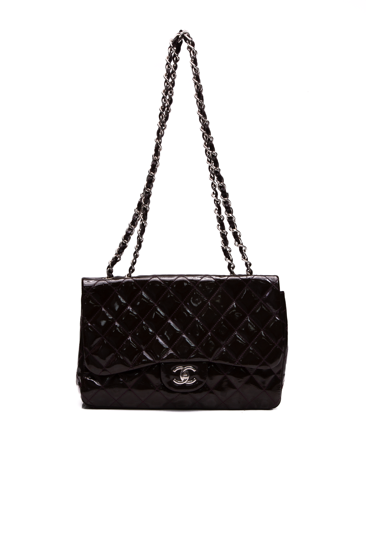 Chanel Black Quilted Patent Leather Classic Jumbo Double Flap Bag
