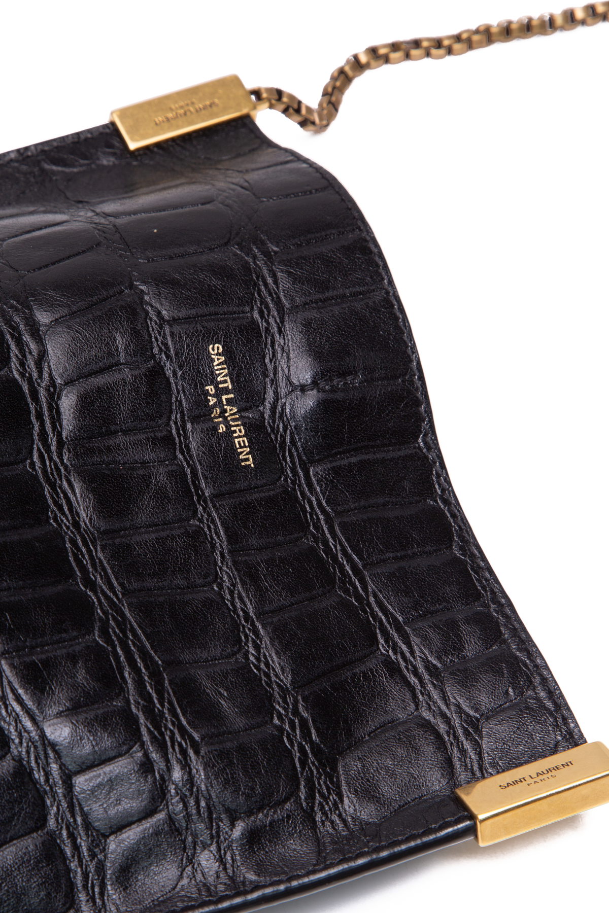 YVES SAINT LAURENT Crocodile Black Leather Gold Chain Clutch Crossbody Bag