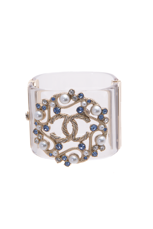 Chanel Crystal CC Faux Pearl Cuff Bracelet