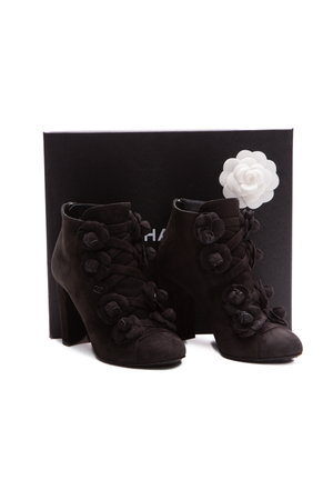 Chanel Black Suede Camellia Booties- Size 37