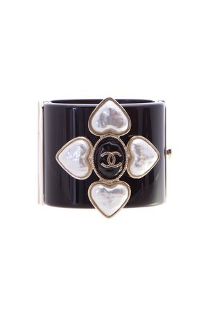  Chanel Pearl Heart CC Cuff Bracelet