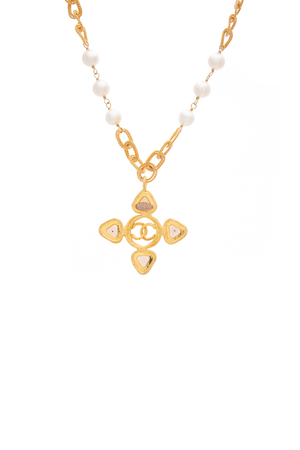 Chanel Vintage Faux Pearl Cross Necklace