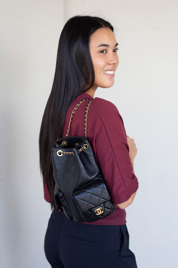 authentic chanel black quilted leather large backpack Caviar CC Filigree Chanel Calfskin Chevron Quilted Large