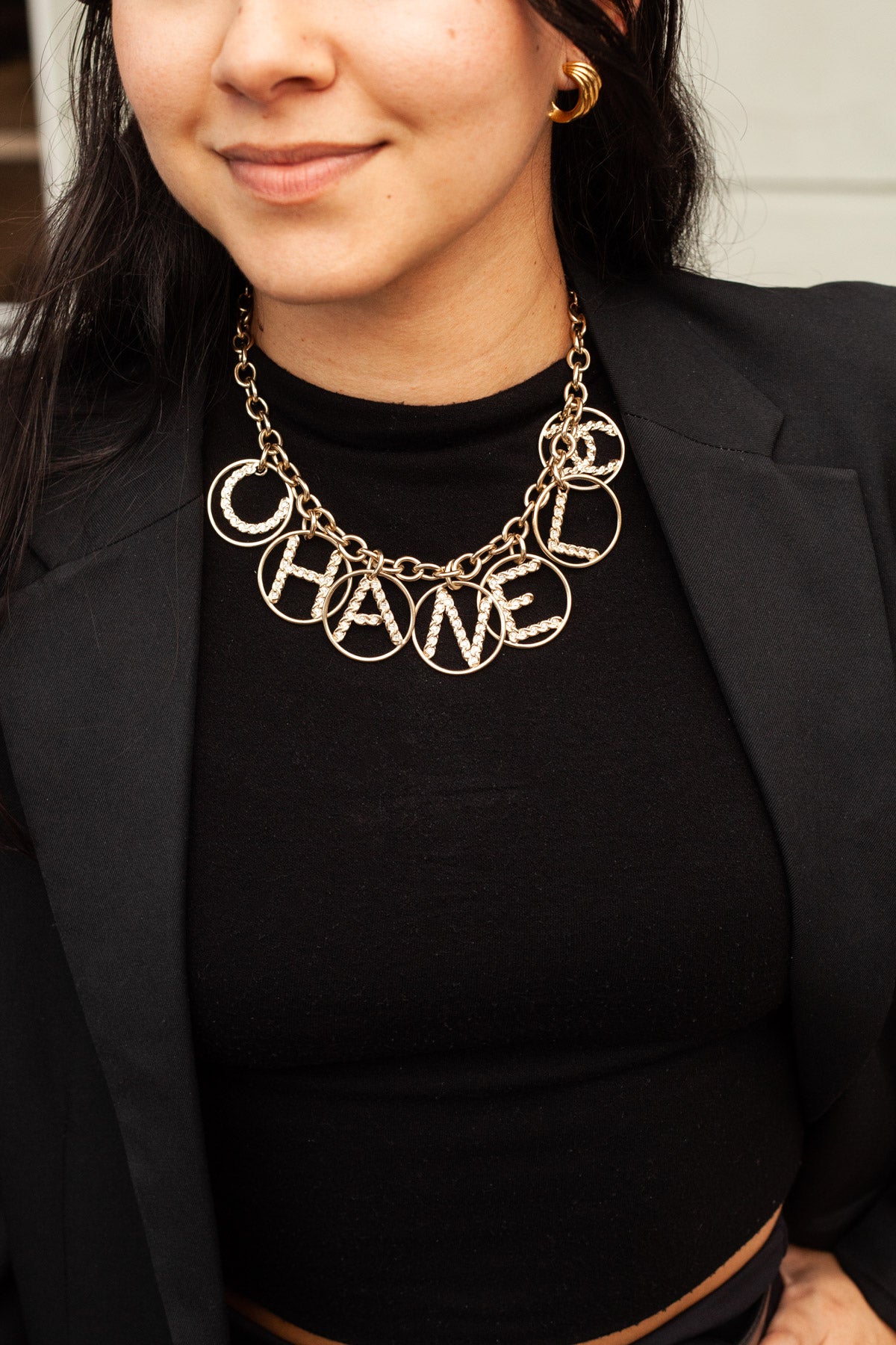 Chanel LtGold Crystal CC Logo Necklace