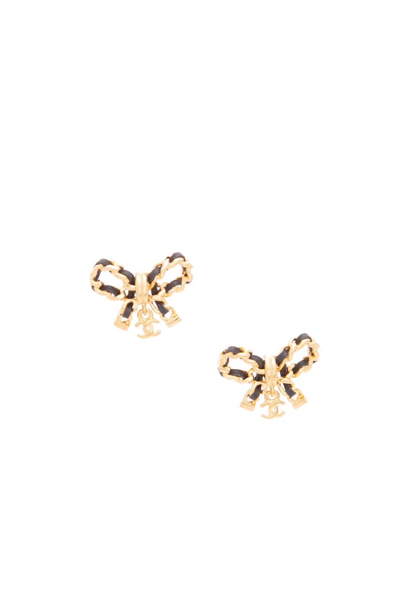 Chanel-Leather-Chain-Bow-Stud- Earrings-300553