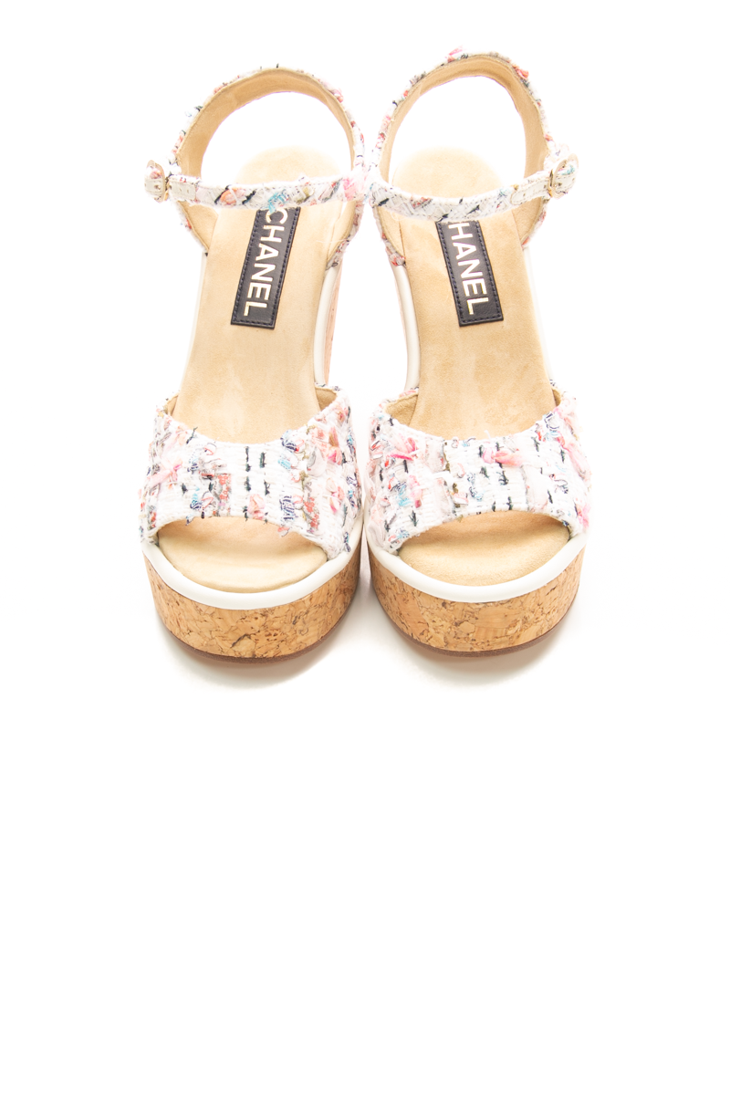 Chanel Tweed Cork CC Wedge Sandals - Size 39 - Couture USA