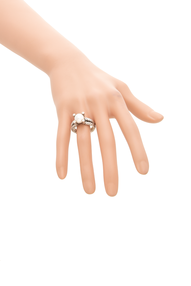 Cable Cultured Pearl Ring with Diamonds - Size 8
