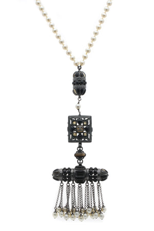 Chanel Dangling Pearls & Beaded Bar Necklace - Ruthenium