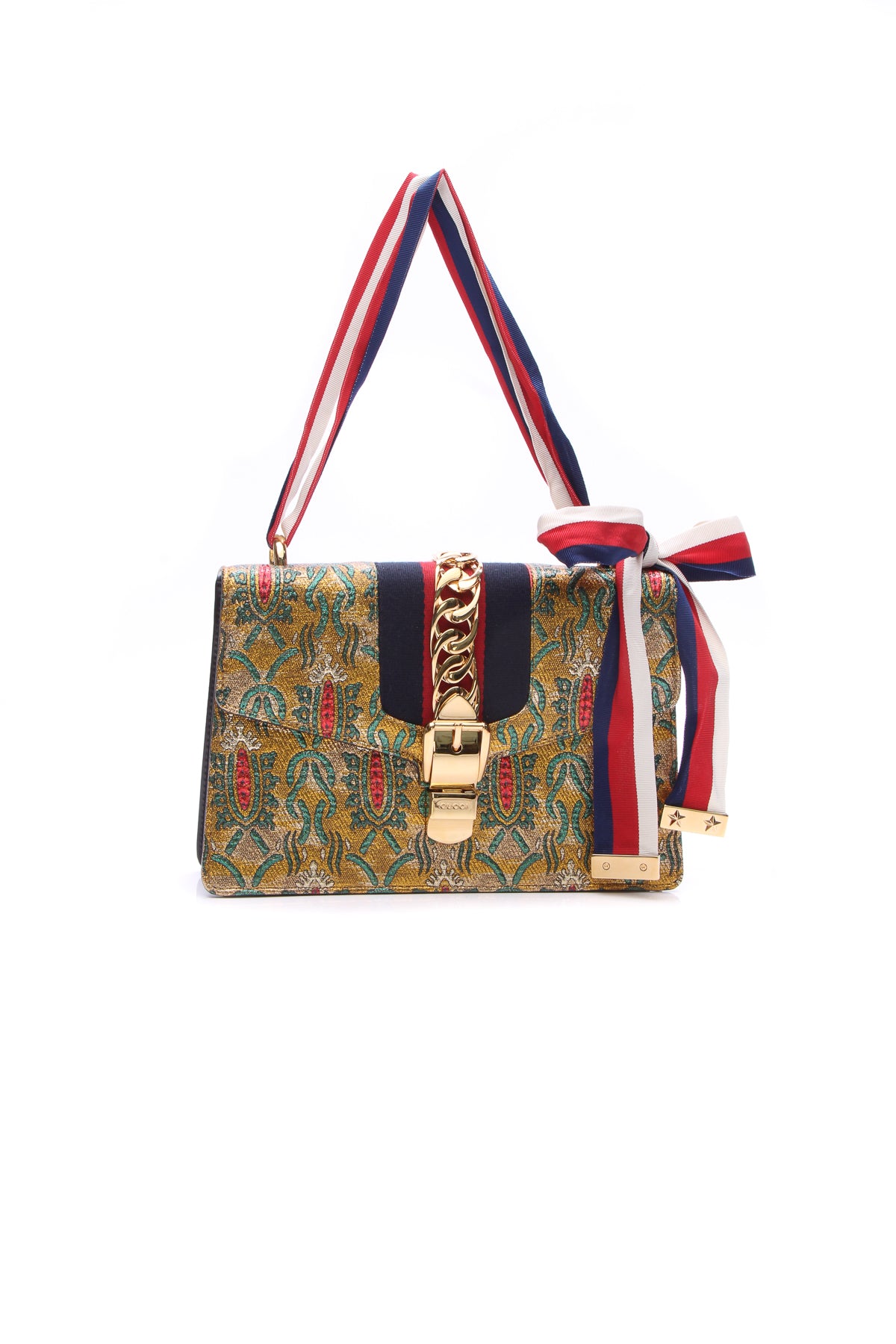 Gucci Brocade Small Sylvie Shoulder Bag - Iridescent Gold - Couture USA
