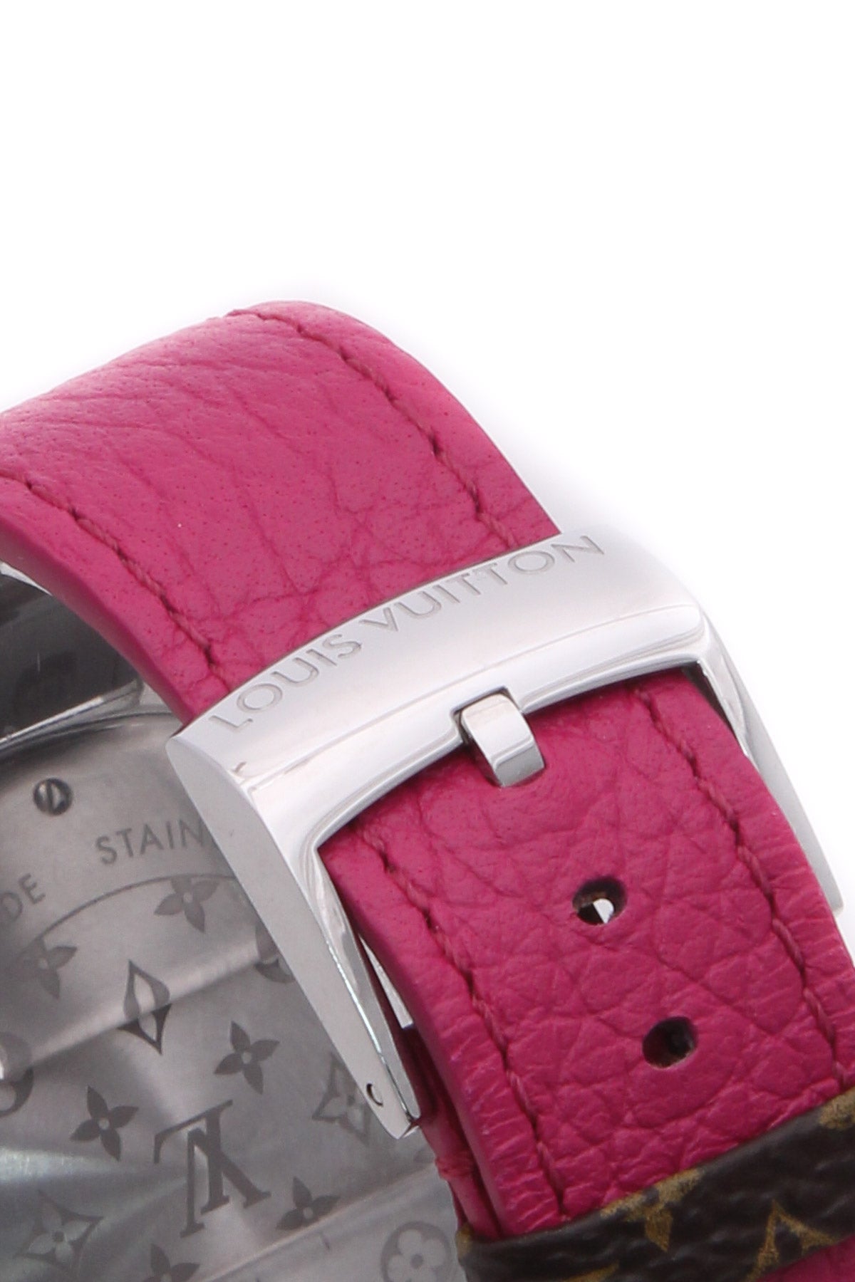 Authentic LOUIS VUITTON Tambour Pink with Diamonds Quartz Leather Ladies  Watch