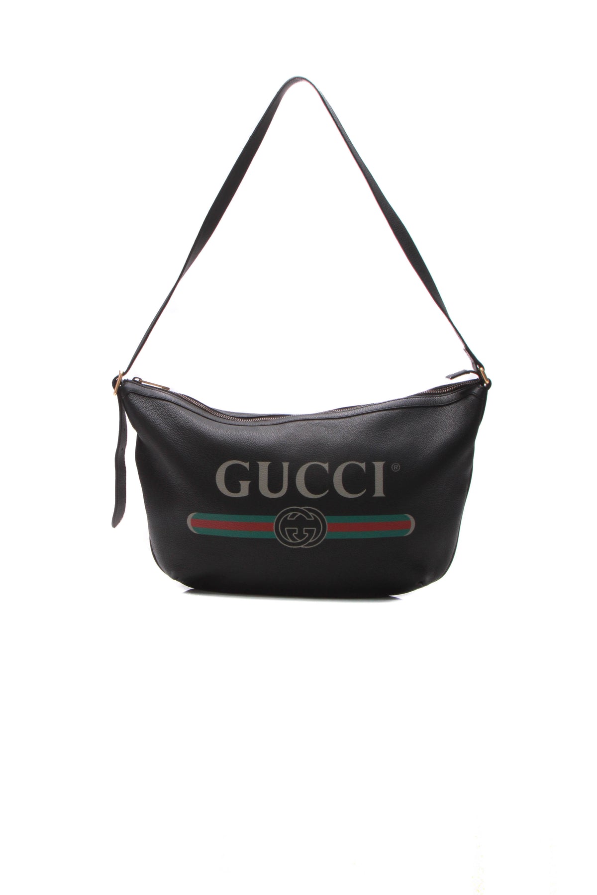 Authentic Gucci Calfskin Leather Logo Half-Moon Printed Hobo Bag